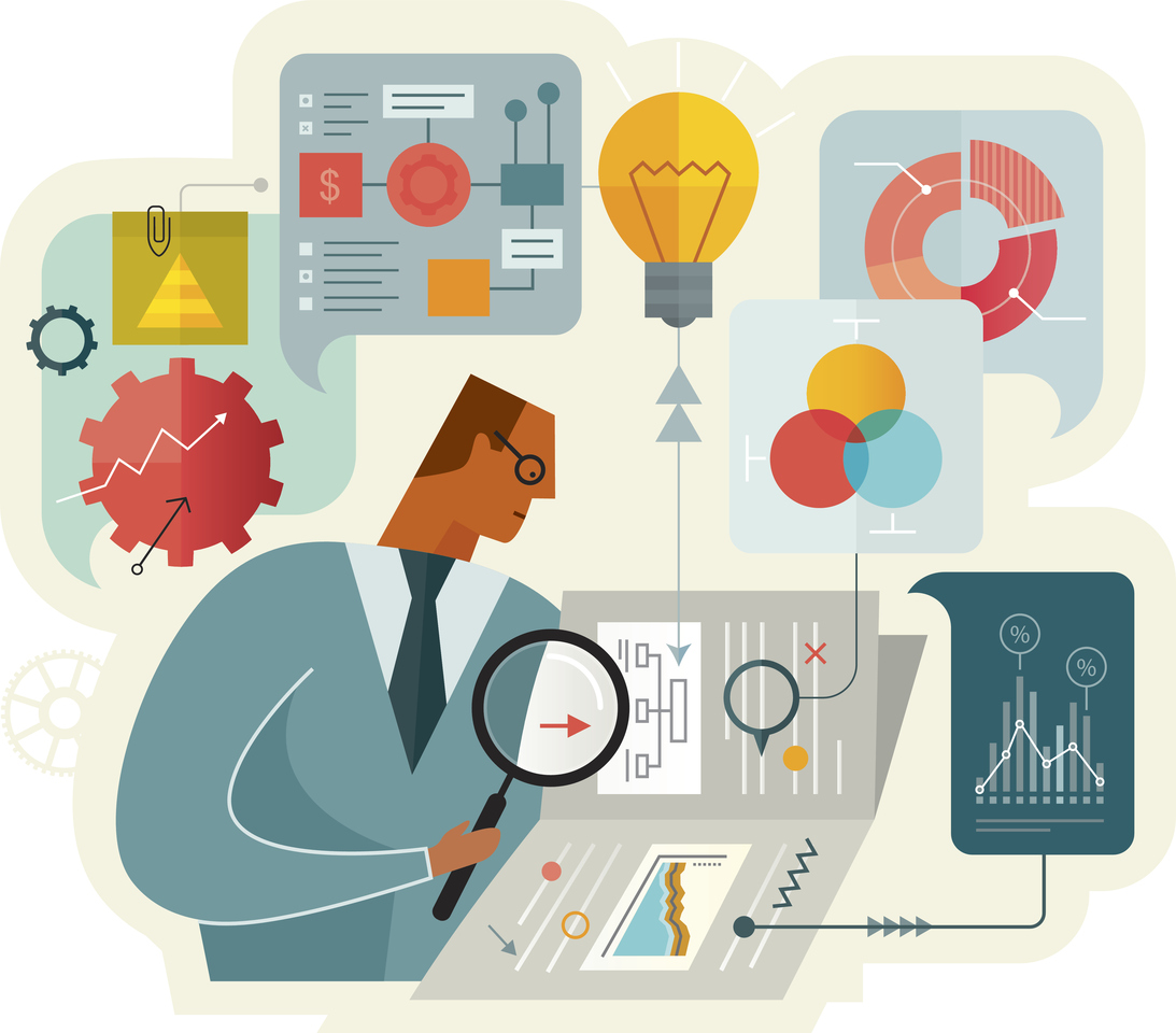 Flat vector illustration is showing a businessman while working on document analysis. Illustration is nicely layered and easy for editing.