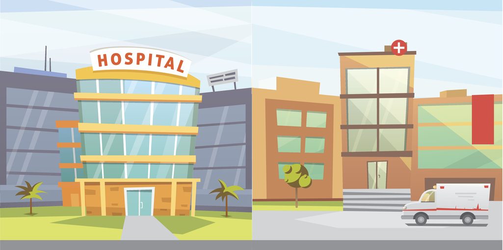 Set Hospital building cartoon modern vector illustration. Medical Clinic and city background. Emergency room exterior. Budgeting for Capital Equipment concept